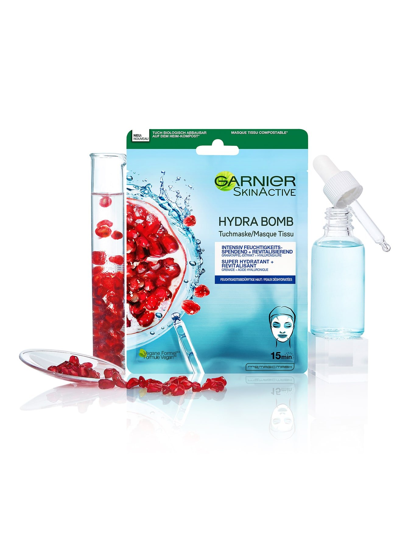 Verpackung der Garnier Hydrabomb Tuchmaske mit Granataepfelkernen und